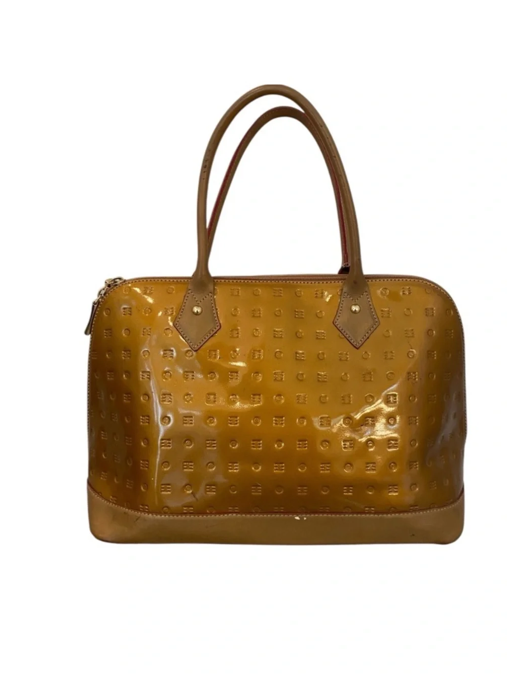 Arcadia Womens Gold Patent Leather Satchel Purse Medium Y2k Vintage Top Handle